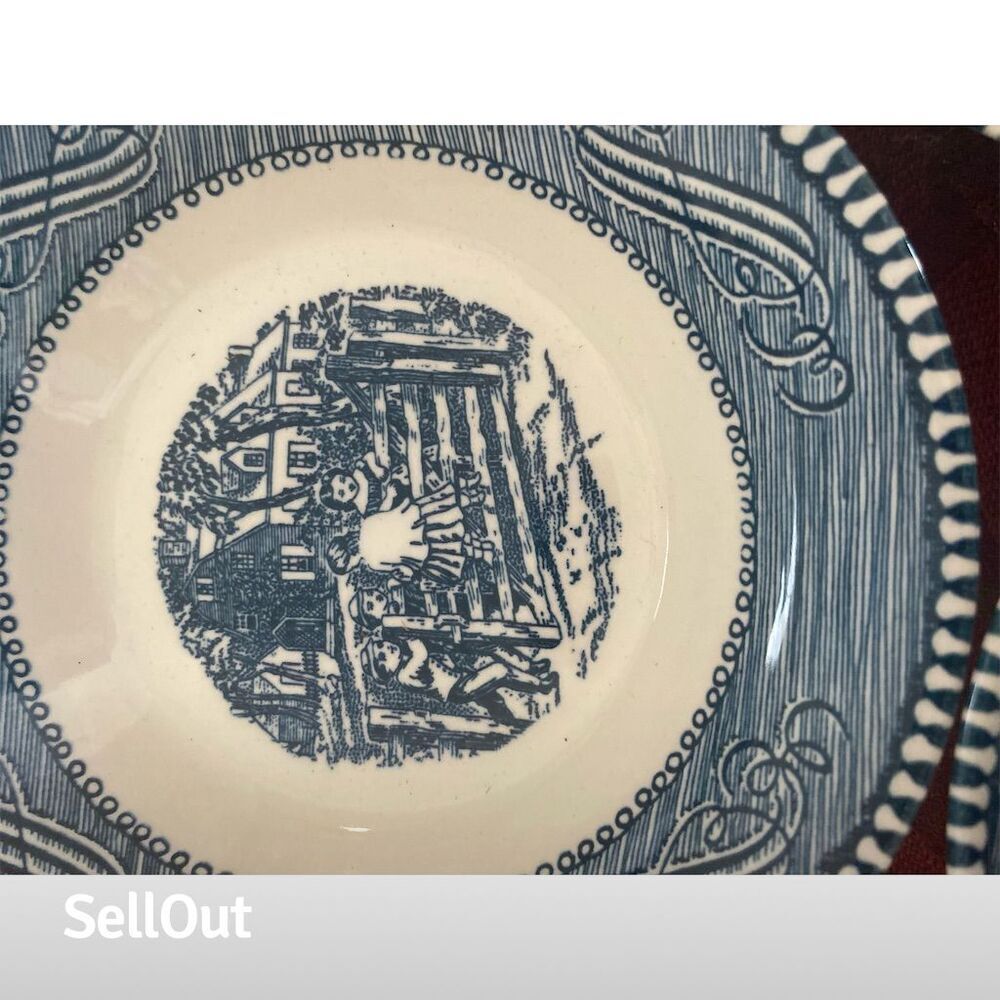 Vintage Currier & Ives Blue Dessert Bowls Set of 3 Americana Style